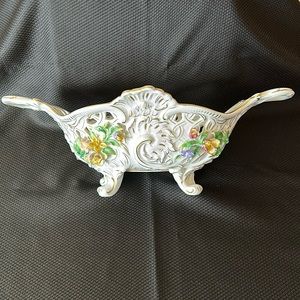 Dresden gilded porcelain footed bowl with handles. Floral motif. Early 1900’s